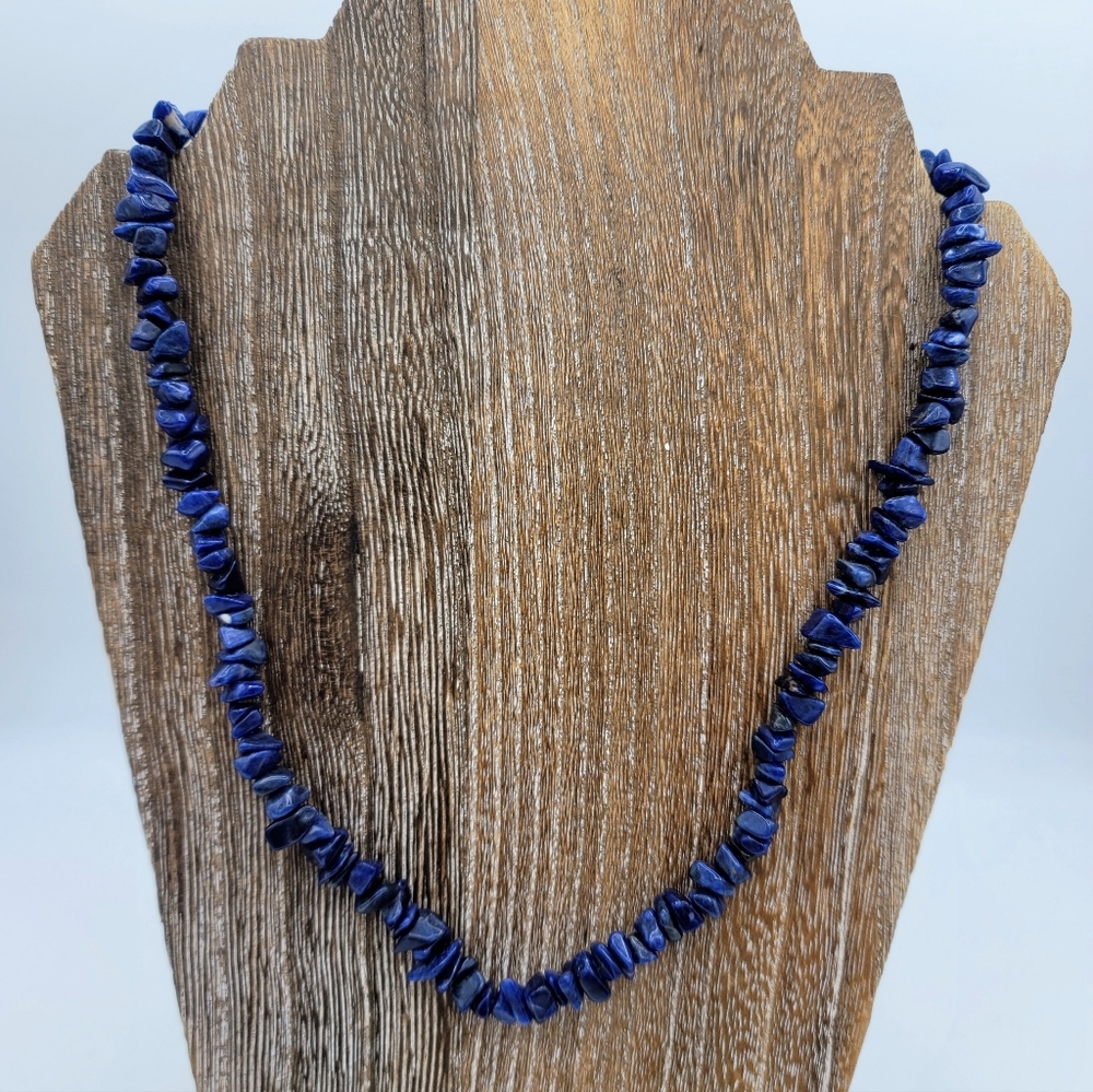 Sodalite Chip Bead Necklace 22 Inch Deep Blue Natural Stone Strand Boho Jewelry